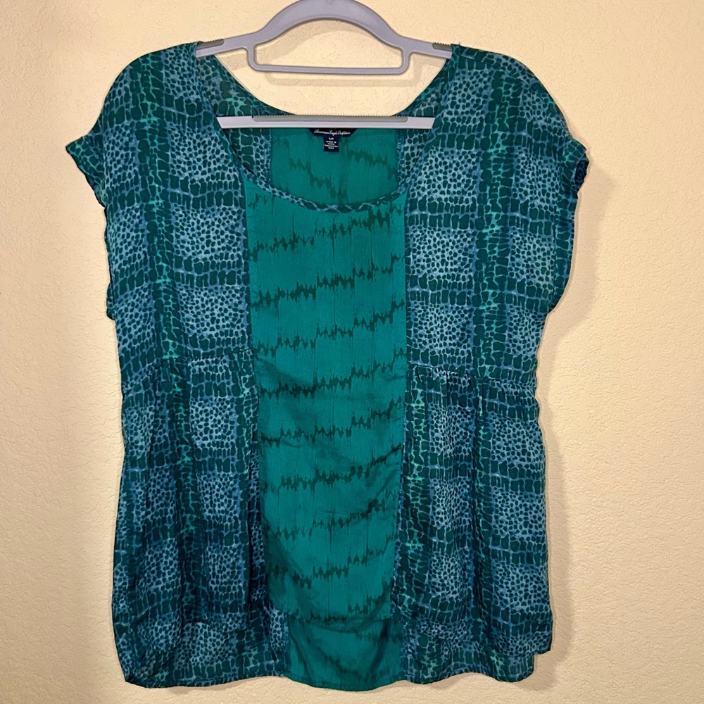 American Eagle Chiffon Printed High Low Scallop Hem Top Sz S